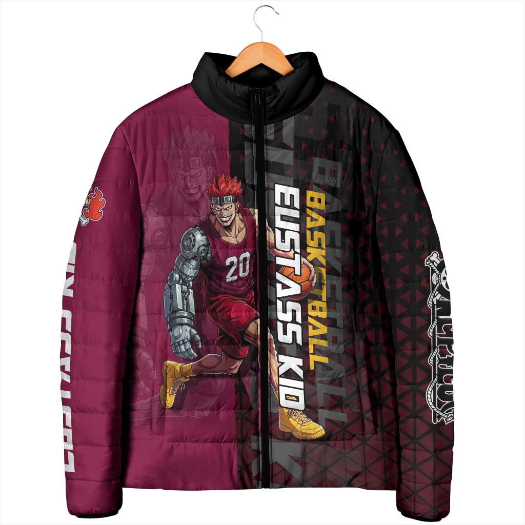 Eustass Kid One Piece Basketball Theme Red and Black Design Padded Jacket with Flame Skull Emblem and Mechanical Arm Pose - The Mazicc