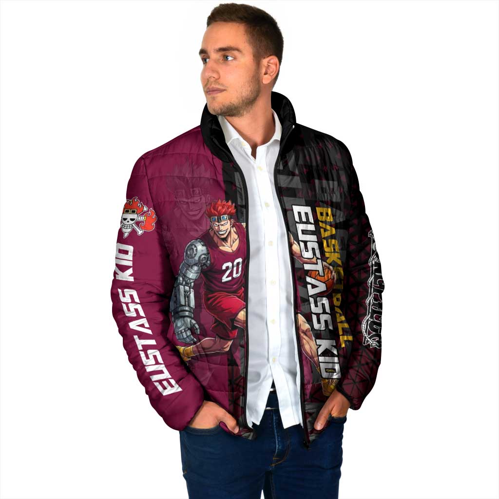 Eustass Kid One Piece Basketball Theme Red and Black Design Padded Jacket with Flame Skull Emblem and Mechanical Arm Pose - The Mazicc