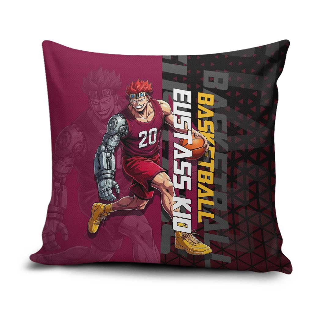 Eustass Kid One Piece Basketball Theme Red and Black Design Pillow Cover with Flame Skull Emblem and Mechanical Arm Pose - The Mazicc