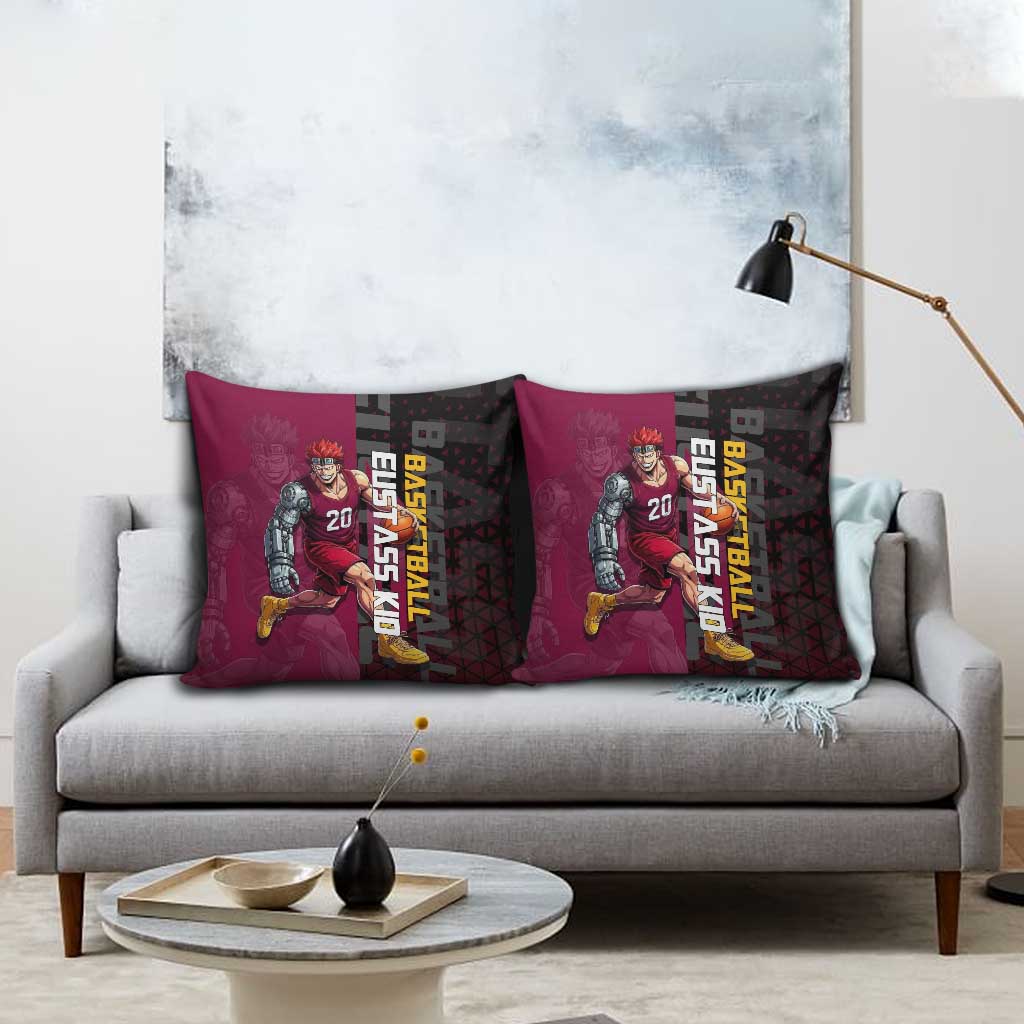 Eustass Kid One Piece Basketball Theme Red and Black Design Pillow Cover with Flame Skull Emblem and Mechanical Arm Pose - The Mazicc