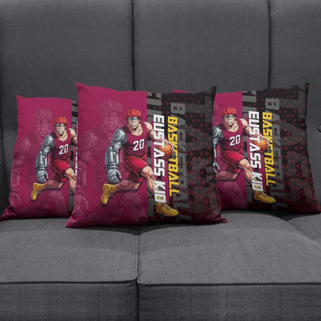 Eustass Kid One Piece Basketball Theme Red and Black Design Pillow Cover with Flame Skull Emblem and Mechanical Arm Pose - The Mazicc