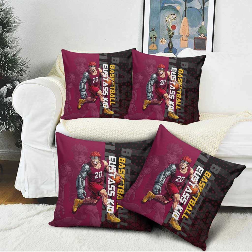 Eustass Kid One Piece Basketball Theme Red and Black Design Pillow Cover with Flame Skull Emblem and Mechanical Arm Pose - The Mazicc