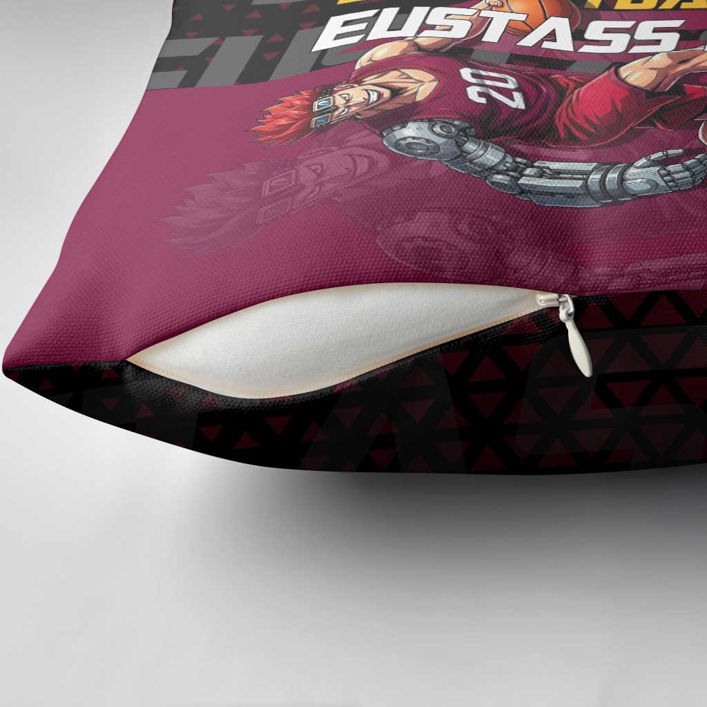 Eustass Kid One Piece Basketball Theme Red and Black Design Pillow Cover with Flame Skull Emblem and Mechanical Arm Pose - The Mazicc