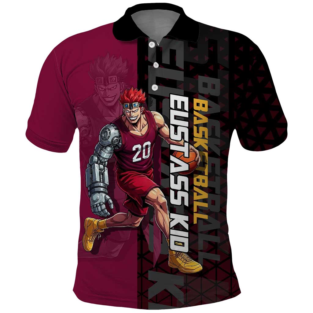 Eustass Kid One Piece Basketball Theme Red and Black Design Polo Shirt with Flame Skull Emblem and Mechanical Arm Pose - The Mazicc