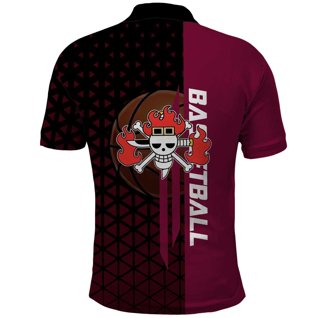 Eustass Kid One Piece Basketball Theme Red and Black Design Polo Shirt with Flame Skull Emblem and Mechanical Arm Pose - The Mazicc