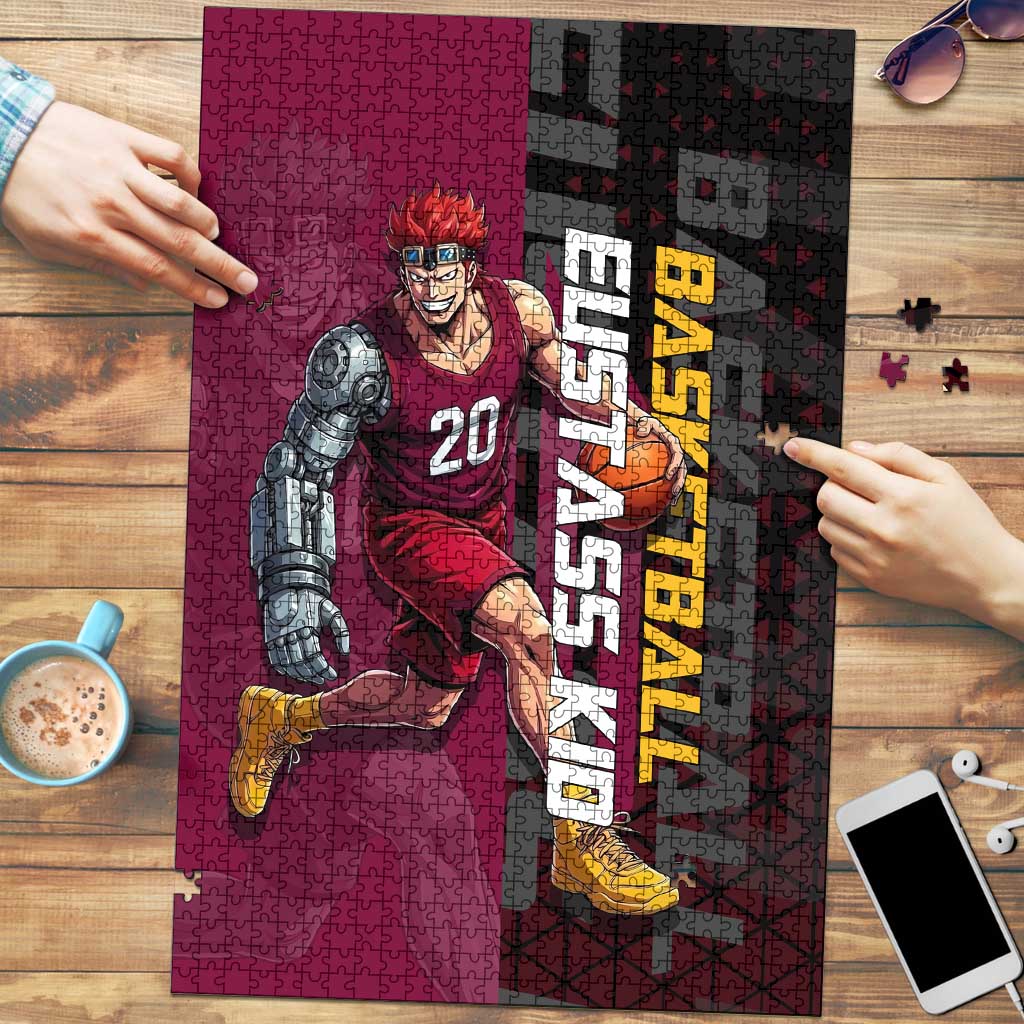 Eustass Kid One Piece Basketball Theme Red and Black Design Puzzle with Flame Skull Emblem and Mechanical Arm Pose - The Mazicc