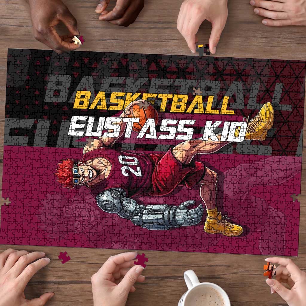 Eustass Kid One Piece Basketball Theme Red and Black Design Puzzle with Flame Skull Emblem and Mechanical Arm Pose - The Mazicc