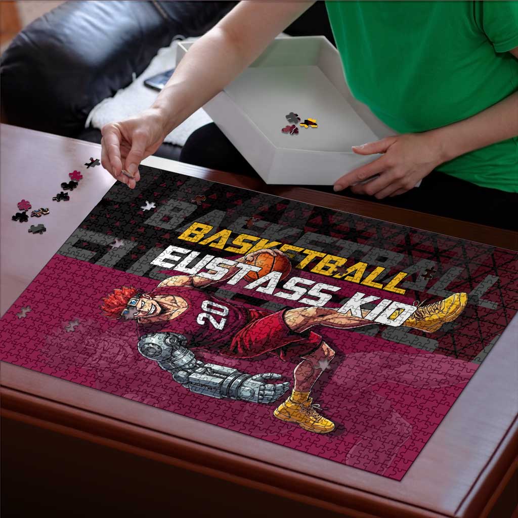 Eustass Kid One Piece Basketball Theme Red and Black Design Puzzle with Flame Skull Emblem and Mechanical Arm Pose - The Mazicc