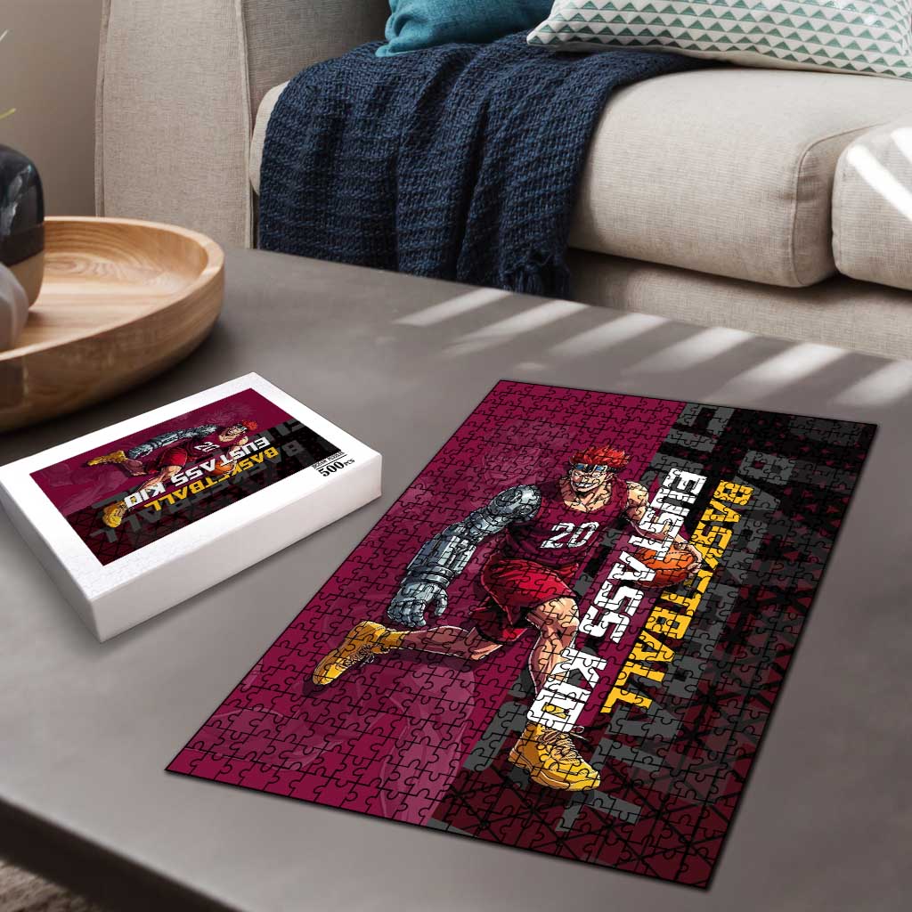 Eustass Kid One Piece Basketball Theme Red and Black Design Puzzle with Flame Skull Emblem and Mechanical Arm Pose - The Mazicc