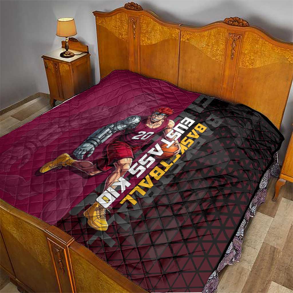 Eustass Kid One Piece Basketball Theme Red and Black Design Quilt with Flame Skull Emblem and Mechanical Arm Pose - The Mazicc
