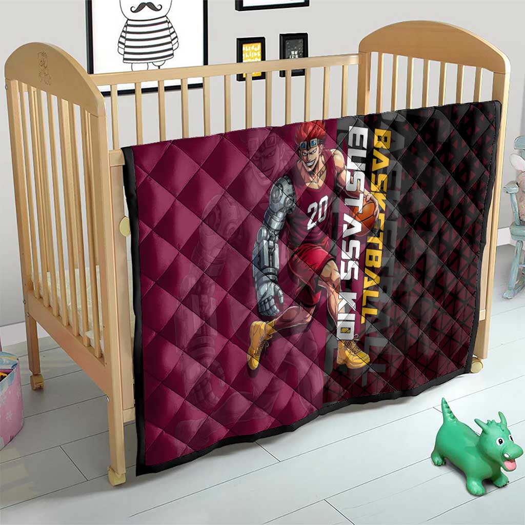 Eustass Kid One Piece Basketball Theme Red and Black Design Quilt with Flame Skull Emblem and Mechanical Arm Pose - The Mazicc