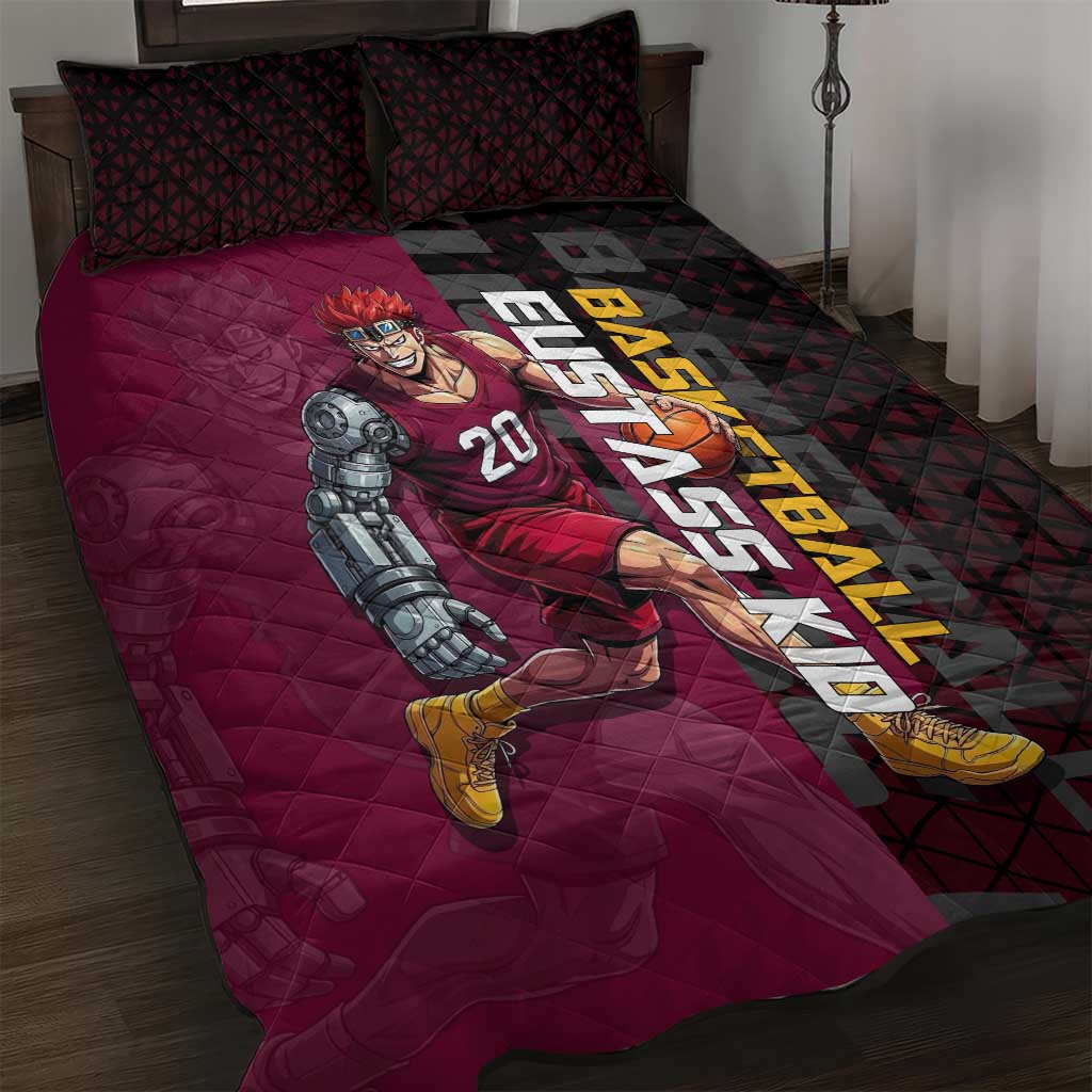 Eustass Kid One Piece Basketball Theme Red and Black Design Quilt Bed Set with Flame Skull Emblem and Mechanical Arm Pose - The Mazicc