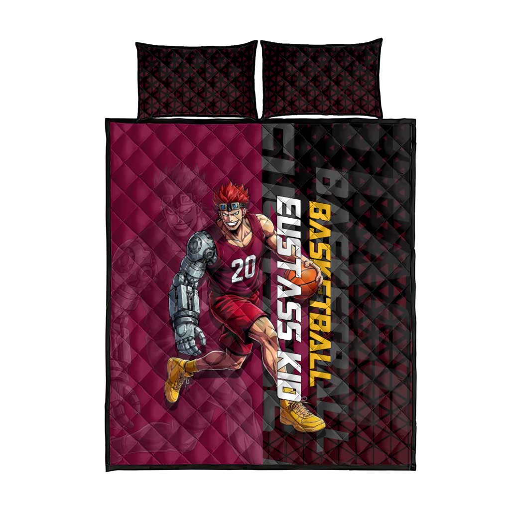 Eustass Kid One Piece Basketball Theme Red and Black Design Quilt Bed Set with Flame Skull Emblem and Mechanical Arm Pose - The Mazicc