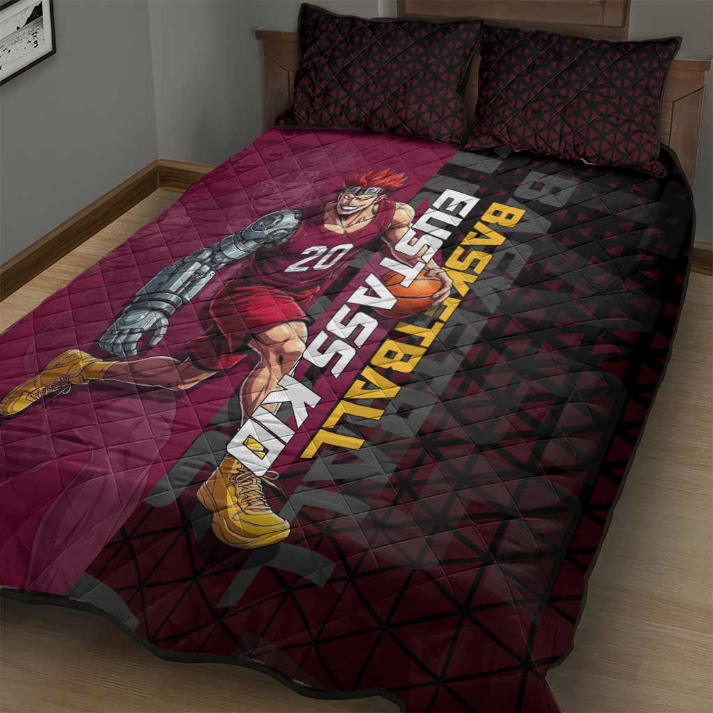 Eustass Kid One Piece Basketball Theme Red and Black Design Quilt Bed Set with Flame Skull Emblem and Mechanical Arm Pose - The Mazicc