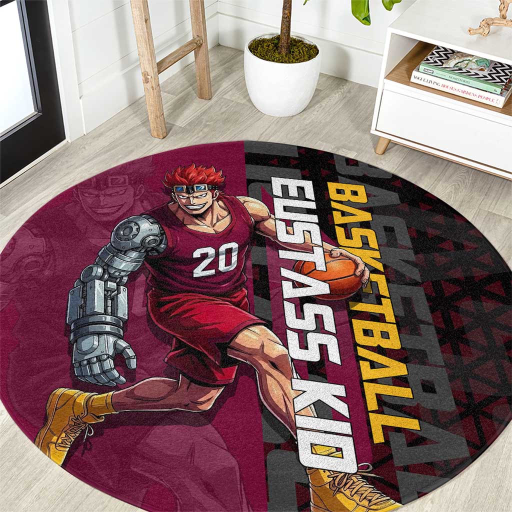 Eustass Kid One Piece Basketball Theme Red and Black Design Round Carpet with Flame Skull Emblem and Mechanical Arm Pose - The Mazicc