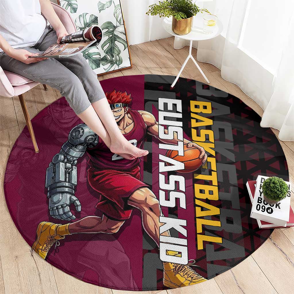 Eustass Kid One Piece Basketball Theme Red and Black Design Round Carpet with Flame Skull Emblem and Mechanical Arm Pose - The Mazicc