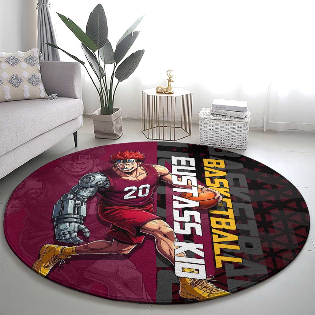 Eustass Kid One Piece Basketball Theme Red and Black Design Round Carpet with Flame Skull Emblem and Mechanical Arm Pose - The Mazicc