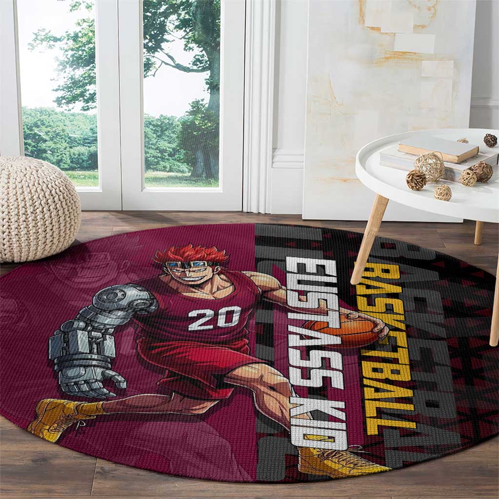 Eustass Kid One Piece Basketball Theme Red and Black Design Round Carpet with Flame Skull Emblem and Mechanical Arm Pose - The Mazicc