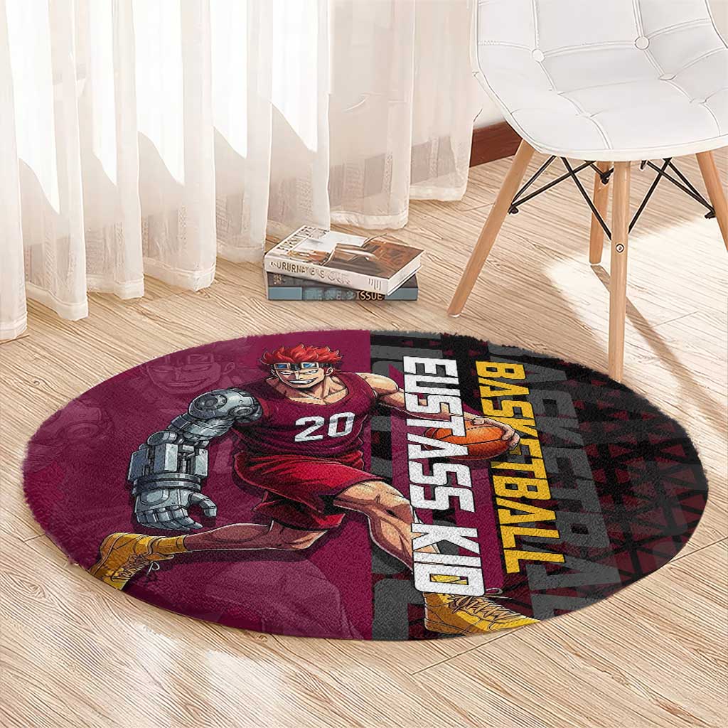 Eustass Kid One Piece Basketball Theme Red and Black Design Round Carpet with Flame Skull Emblem and Mechanical Arm Pose - The Mazicc