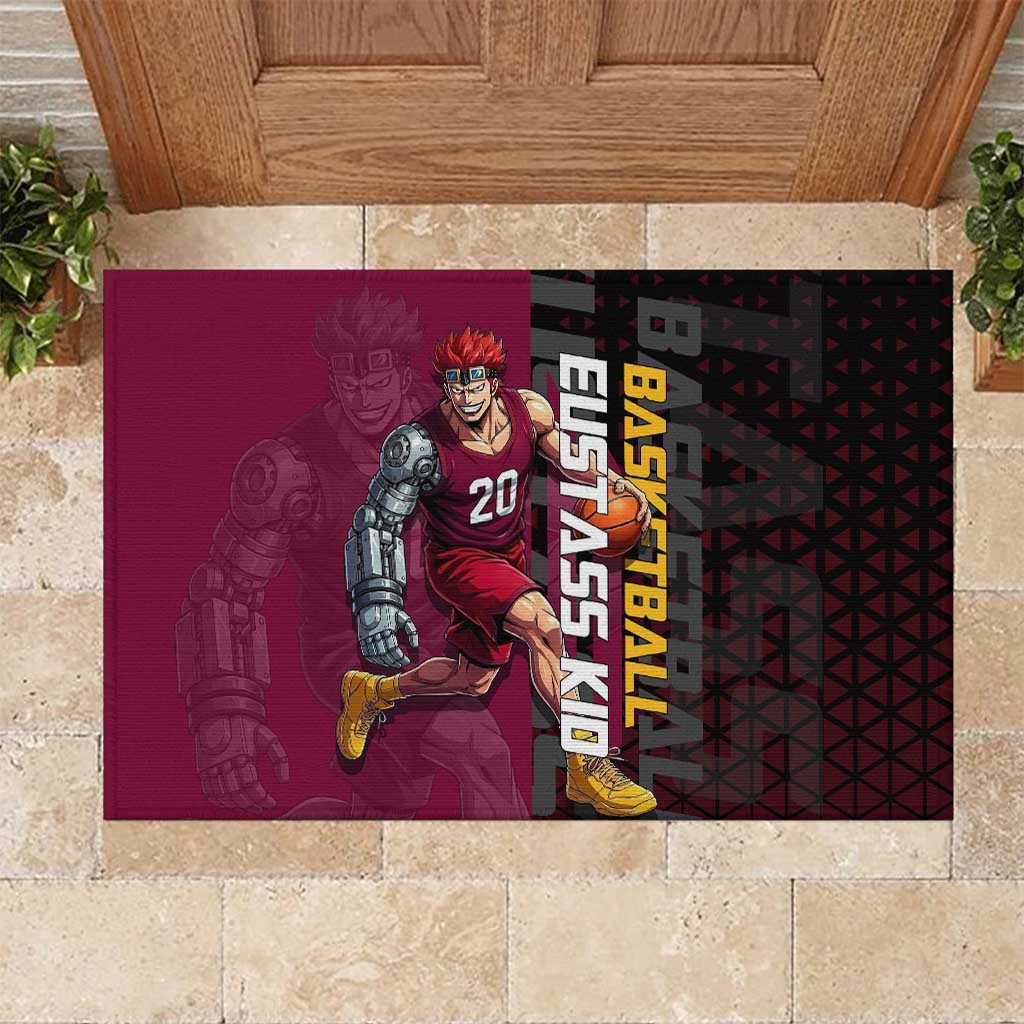 Eustass Kid One Piece Basketball Theme Red and Black Design Rubber Doormat with Flame Skull Emblem and Mechanical Arm Pose - The Mazicc