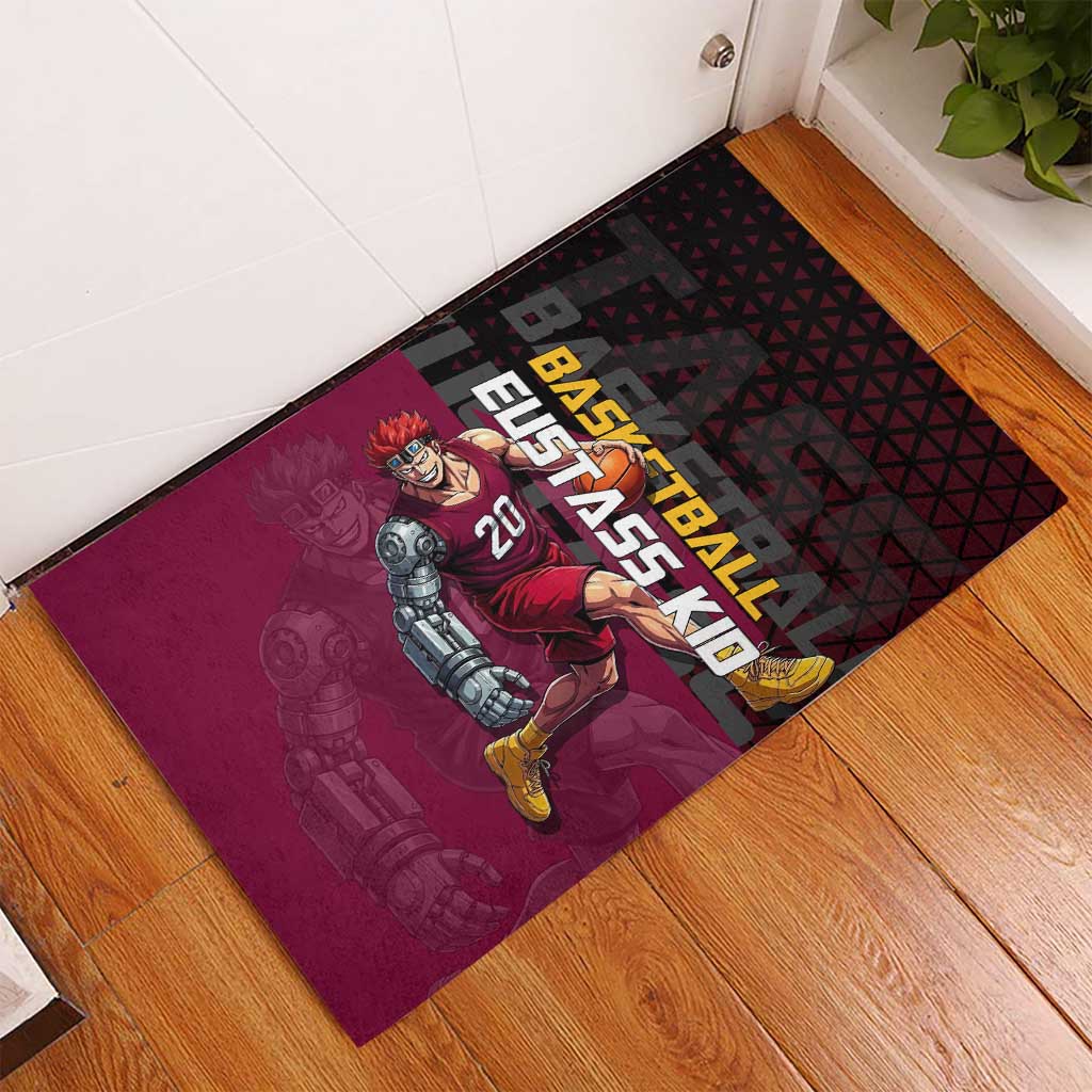 Eustass Kid One Piece Basketball Theme Red and Black Design Rubber Doormat with Flame Skull Emblem and Mechanical Arm Pose - The Mazicc