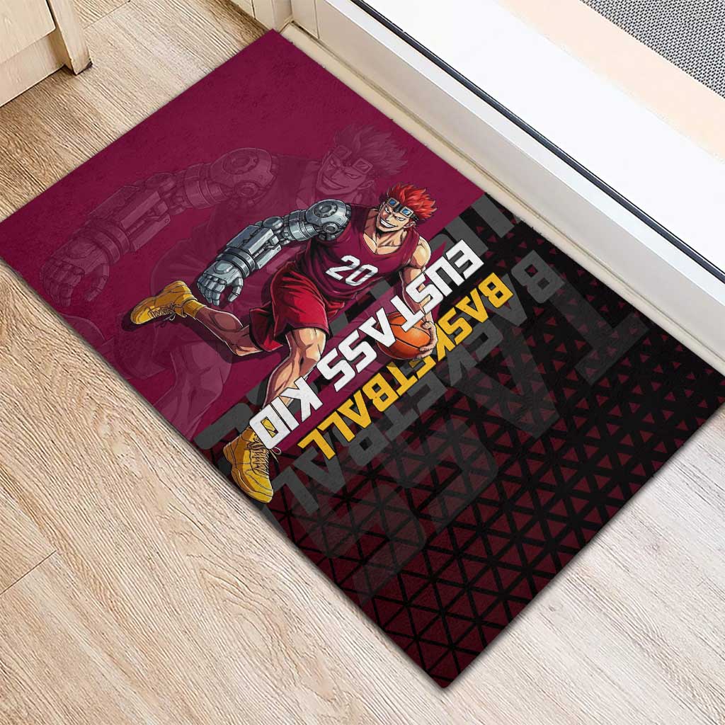 Eustass Kid One Piece Basketball Theme Red and Black Design Rubber Doormat with Flame Skull Emblem and Mechanical Arm Pose - The Mazicc
