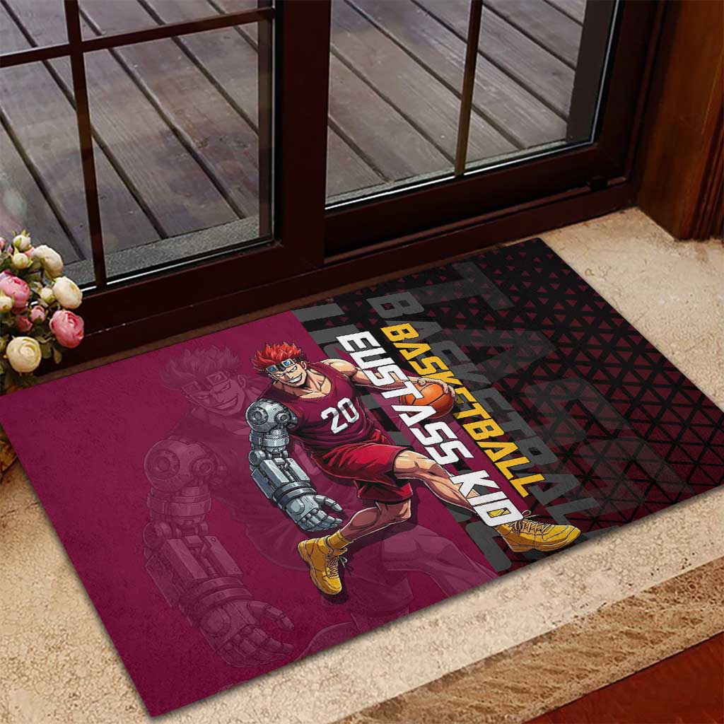 Eustass Kid One Piece Basketball Theme Red and Black Design Rubber Doormat with Flame Skull Emblem and Mechanical Arm Pose - The Mazicc