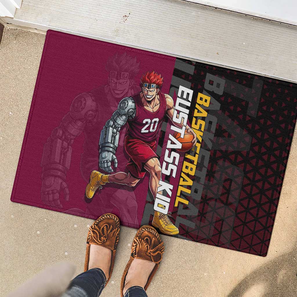 Eustass Kid One Piece Basketball Theme Red and Black Design Rubber Doormat with Flame Skull Emblem and Mechanical Arm Pose - The Mazicc