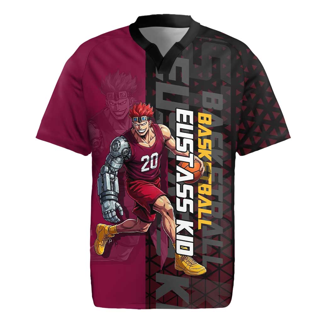 Eustass Kid One Piece Basketball Theme Red and Black Design Rugby Jersey with Flame Skull Emblem and Mechanical Arm Pose - The Mazicc