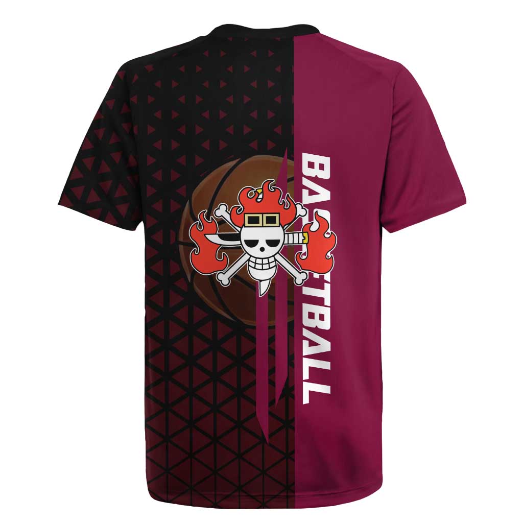 Eustass Kid One Piece Basketball Theme Red and Black Design Rugby Jersey with Flame Skull Emblem and Mechanical Arm Pose - The Mazicc