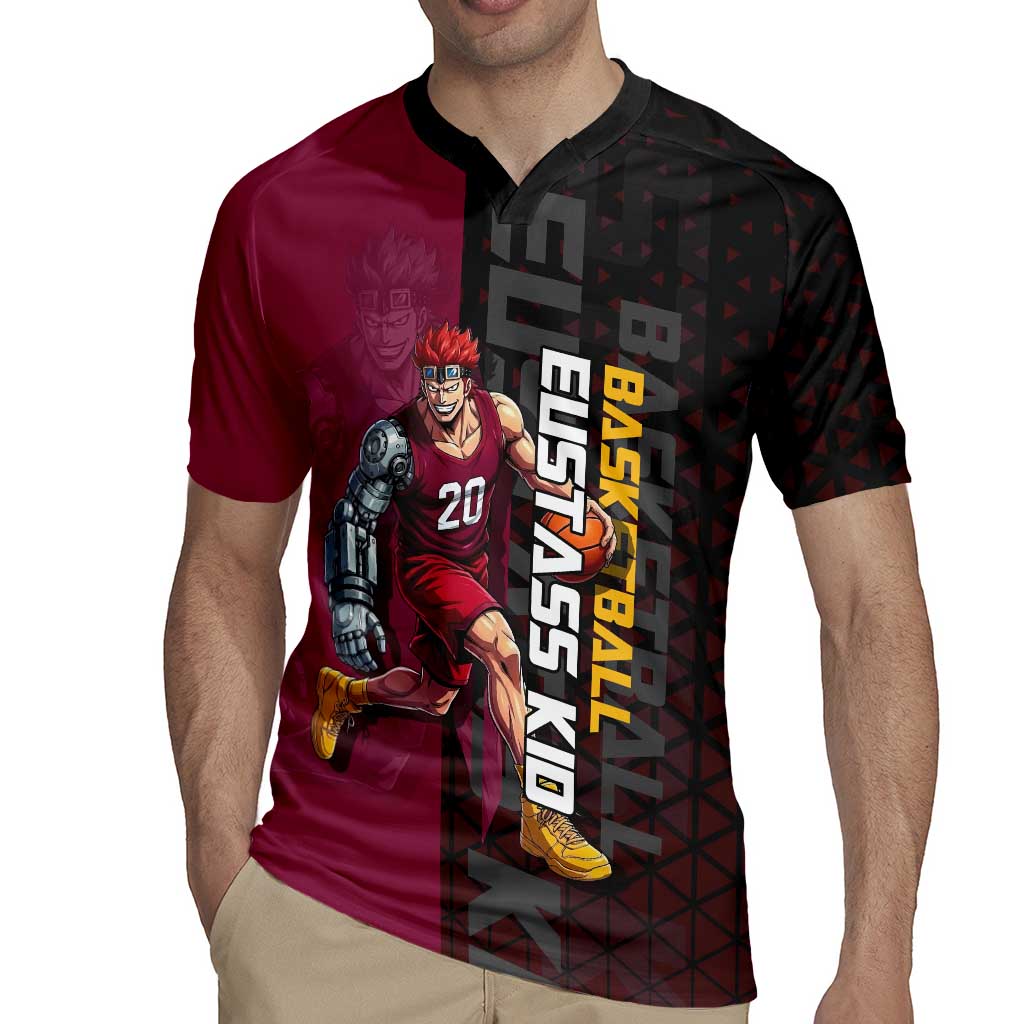 Eustass Kid One Piece Basketball Theme Red and Black Design Rugby Jersey with Flame Skull Emblem and Mechanical Arm Pose - The Mazicc