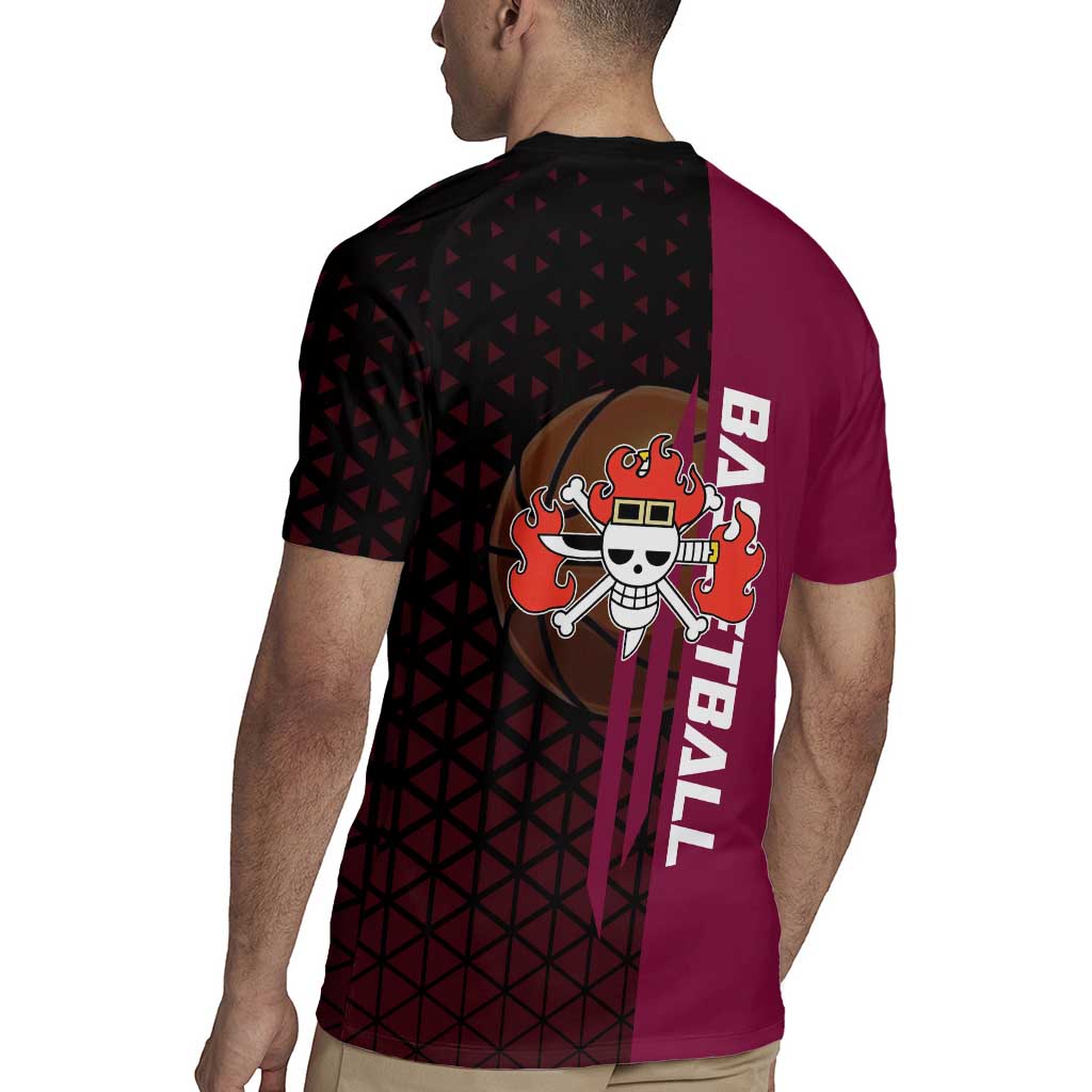 Eustass Kid One Piece Basketball Theme Red and Black Design Rugby Jersey with Flame Skull Emblem and Mechanical Arm Pose - The Mazicc
