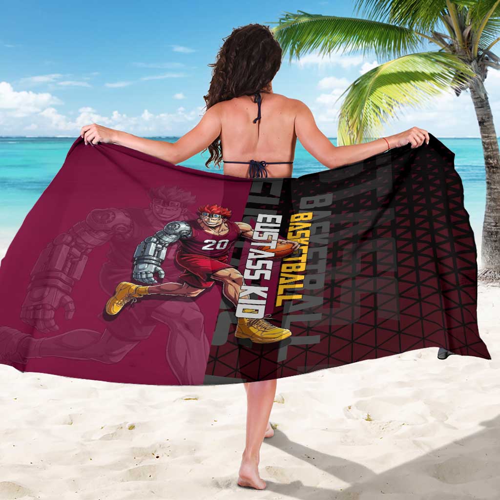 Eustass Kid One Piece Basketball Theme Red and Black Design Sarong with Flame Skull Emblem and Mechanical Arm Pose - The Mazicc