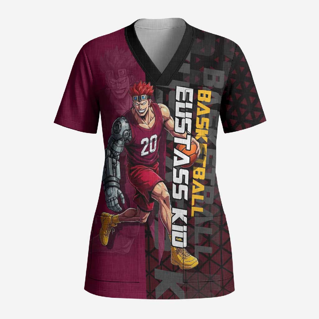 Eustass Kid One Piece Basketball Theme Red and Black Design Scrub Top with Flame Skull Emblem and Mechanical Arm Pose - The Mazicc