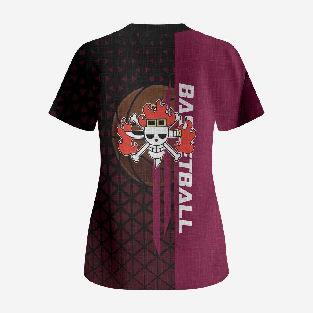Eustass Kid One Piece Basketball Theme Red and Black Design Scrub Top with Flame Skull Emblem and Mechanical Arm Pose - The Mazicc