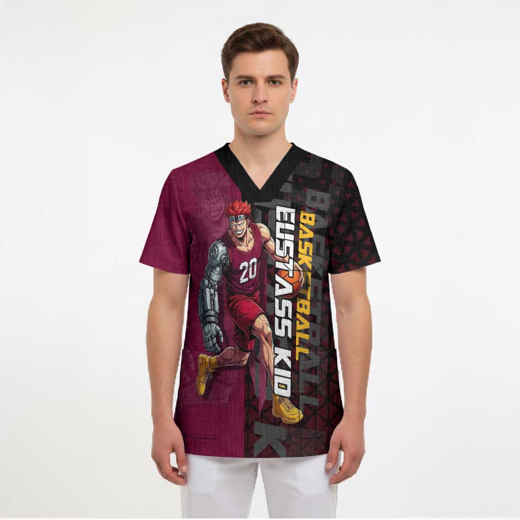 Eustass Kid One Piece Basketball Theme Red and Black Design Scrub Top with Flame Skull Emblem and Mechanical Arm Pose - The Mazicc