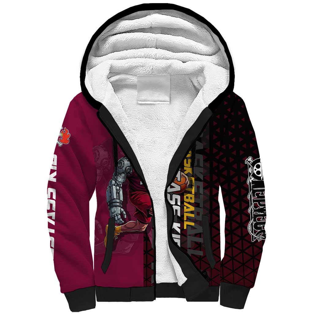 Eustass Kid One Piece Basketball Theme Red and Black Design Sherpa Hoodie with Flame Skull Emblem and Mechanical Arm Pose - The Mazicc