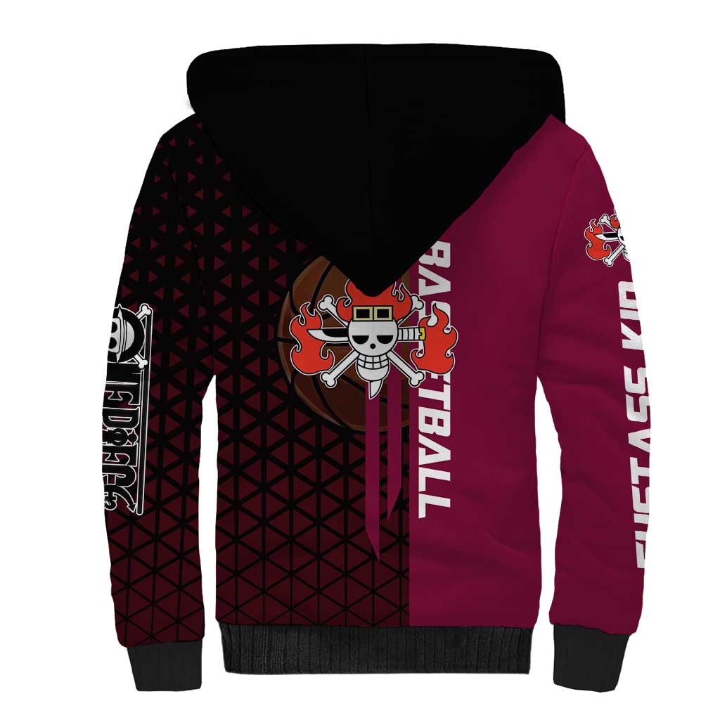 Eustass Kid One Piece Basketball Theme Red and Black Design Sherpa Hoodie with Flame Skull Emblem and Mechanical Arm Pose - The Mazicc