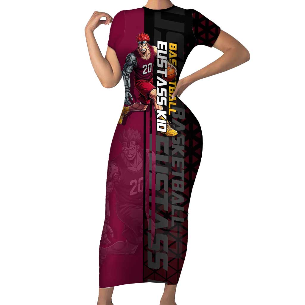 Eustass Kid One Piece Basketball Theme Red and Black Design Short Sleeve Bodycon Dress with Flame Skull Emblem and Mechanical Arm Pose - The Mazicc
