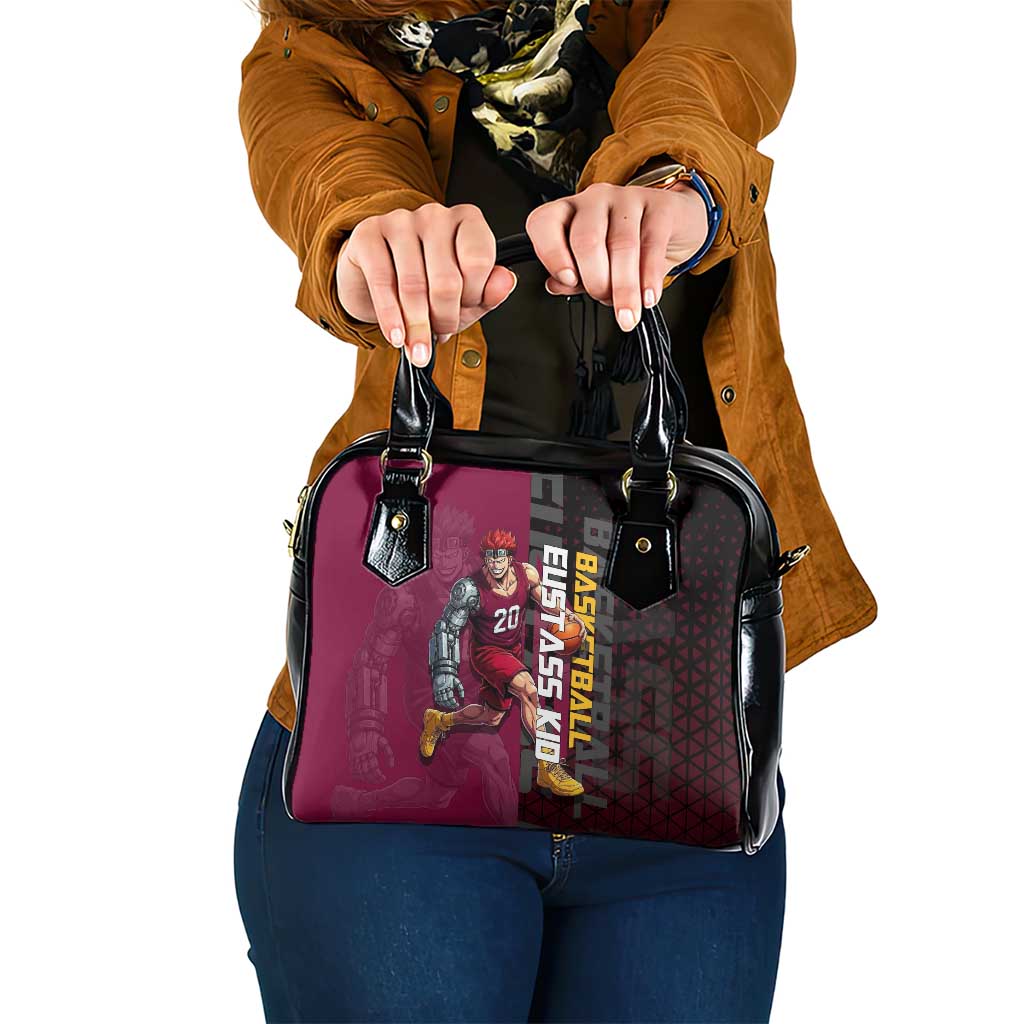 Eustass Kid One Piece Basketball Theme Red and Black Design Shoulder Handbag with Flame Skull Emblem and Mechanical Arm Pose - The Mazicc
