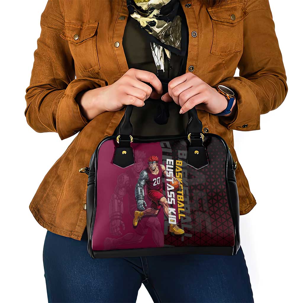 Eustass Kid One Piece Basketball Theme Red and Black Design Shoulder Handbag with Flame Skull Emblem and Mechanical Arm Pose - The Mazicc