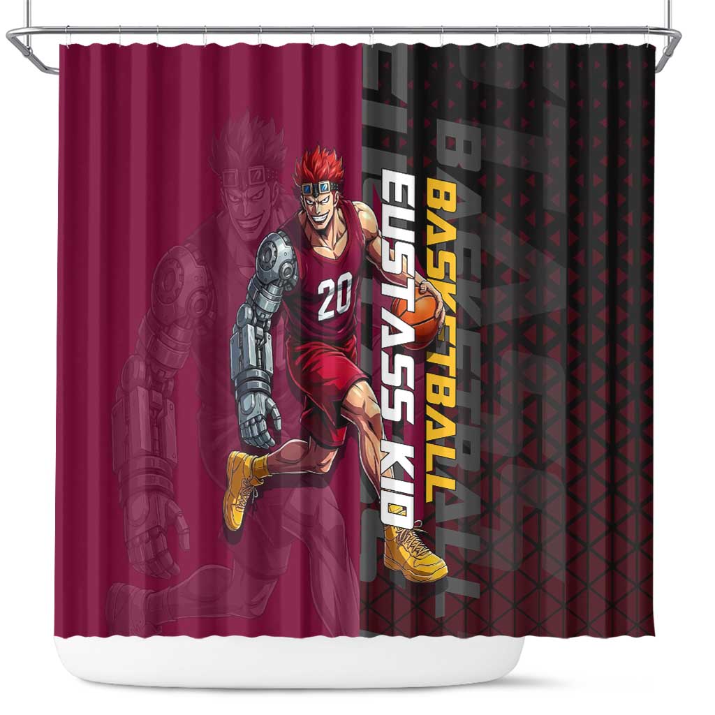 Eustass Kid One Piece Basketball Theme Red and Black Design Shower Curtain with Flame Skull Emblem and Mechanical Arm Pose - The Mazicc