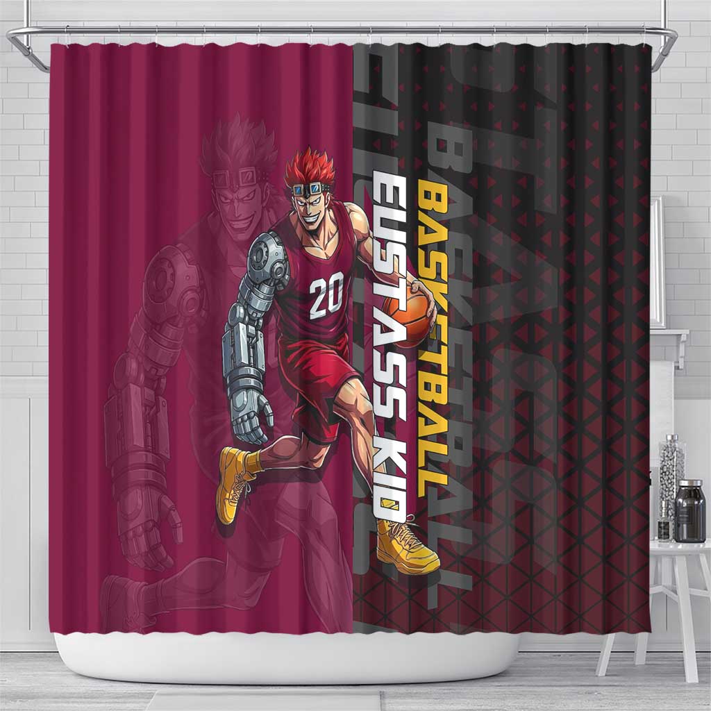 Eustass Kid One Piece Basketball Theme Red and Black Design Shower Curtain with Flame Skull Emblem and Mechanical Arm Pose - The Mazicc