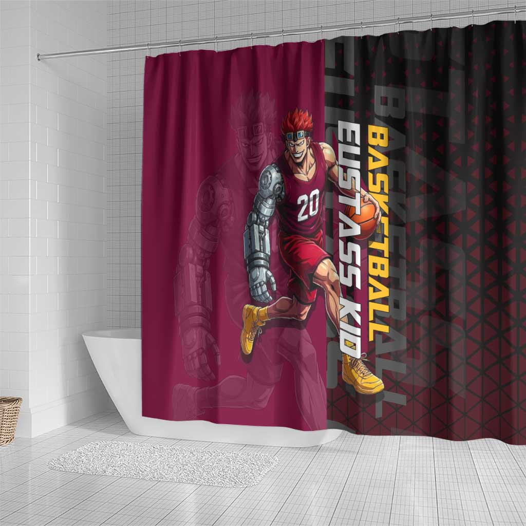 Eustass Kid One Piece Basketball Theme Red and Black Design Shower Curtain with Flame Skull Emblem and Mechanical Arm Pose - The Mazicc