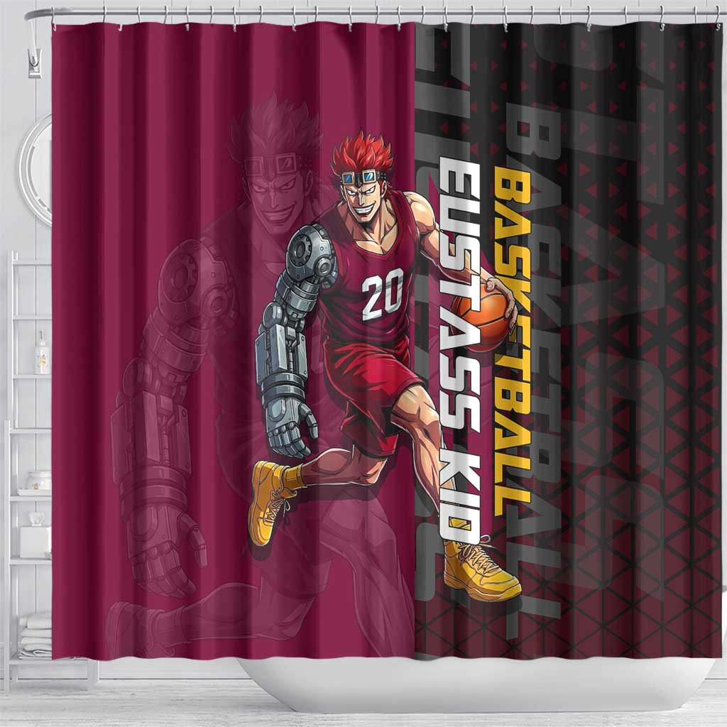 Eustass Kid One Piece Basketball Theme Red and Black Design Shower Curtain with Flame Skull Emblem and Mechanical Arm Pose - The Mazicc