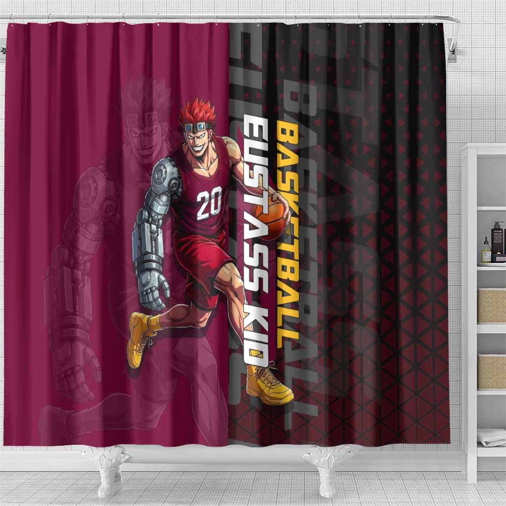 Eustass Kid One Piece Basketball Theme Red and Black Design Shower Curtain with Flame Skull Emblem and Mechanical Arm Pose - The Mazicc