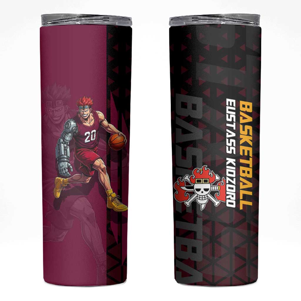 Eustass Kid One Piece Basketball Theme Red and Black Design Skinny Tumbler with Flame Skull Emblem and Mechanical Arm Pose - The Mazicc