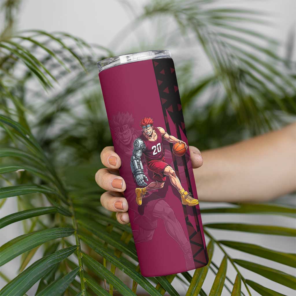 Eustass Kid One Piece Basketball Theme Red and Black Design Skinny Tumbler with Flame Skull Emblem and Mechanical Arm Pose - The Mazicc