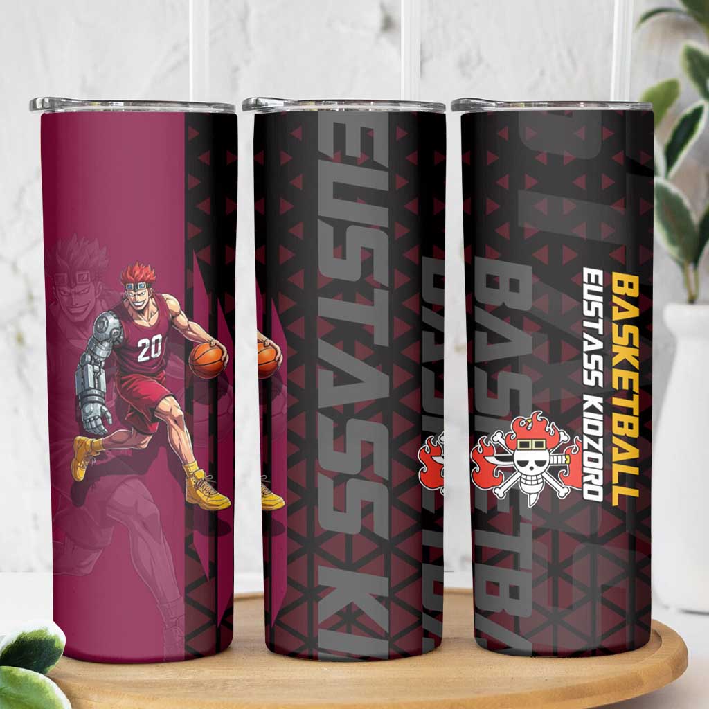 Eustass Kid One Piece Basketball Theme Red and Black Design Skinny Tumbler with Flame Skull Emblem and Mechanical Arm Pose - The Mazicc