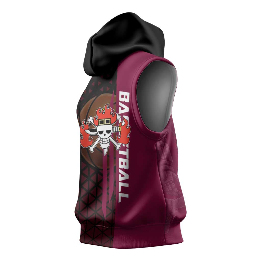 Eustass Kid One Piece Basketball Theme Red and Black Design Sleeveless Hoodie with Flame Skull Emblem and Mechanical Arm Pose - The Mazicc
